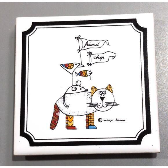 VTG Marge Levine Collectible Art Tile Cat Bird Fish Mouse Friend Ship Signed 4X4 - Picture 1 of 5
